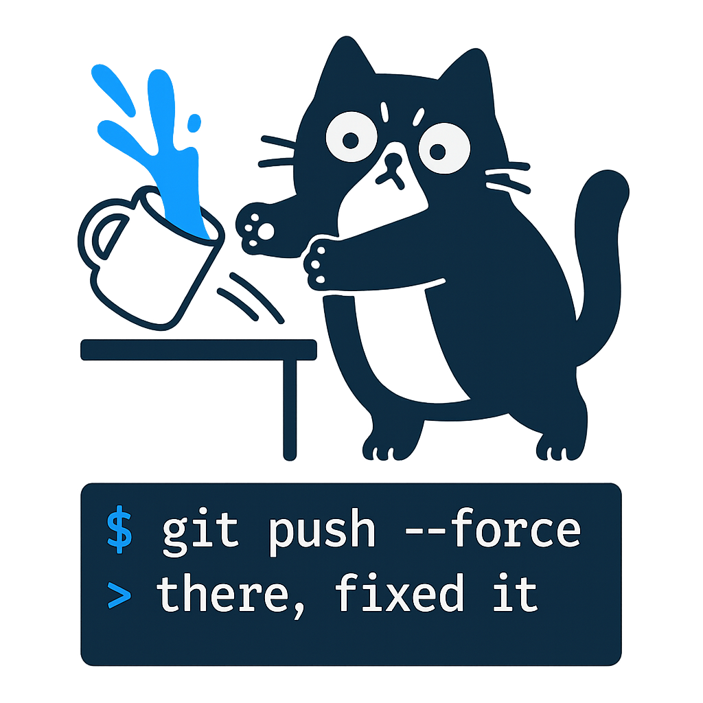 Dark navy ceramic tee with a chubby tuxedo cat knocking a tee off a desk and terminal text reading git push force, there fixed it