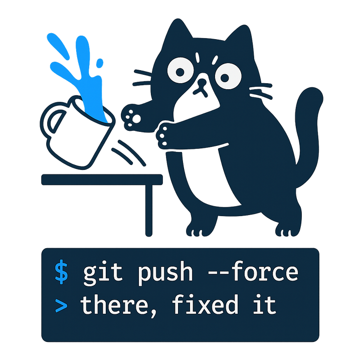 Dark navy ceramic tee with a chubby tuxedo cat knocking a tee off a desk and terminal text reading git push force, there fixed it