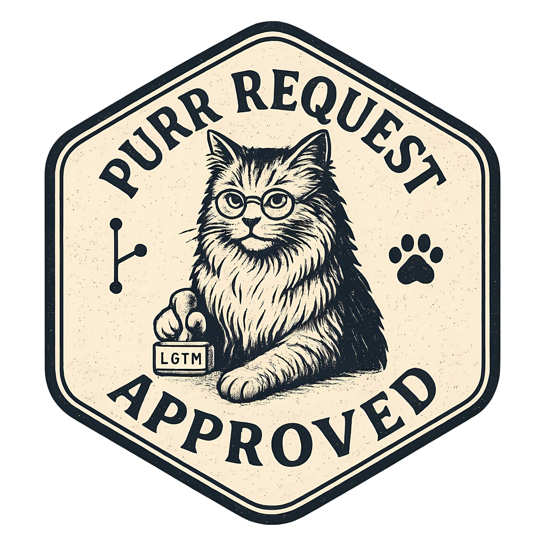 Navy tee with a vintage hexagonal badge featuring a cat in reading glasses holding an LGTM rubber stamp with the text Purr Request Approved