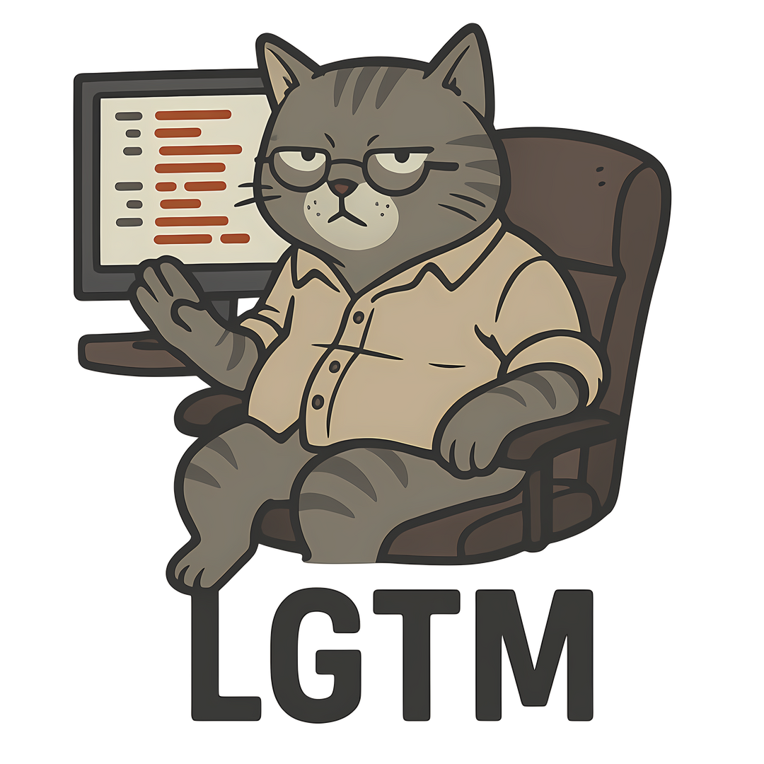 Tee with a flat vector illustration of a gray tabby cat in a button-down shirt leaning back in an office chair giving an LGTM rubber stamp with red diff lines on a monitor behind it