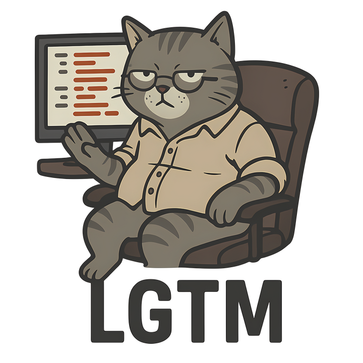 Tee with a flat vector illustration of a gray tabby cat in a button-down shirt leaning back in an office chair giving an LGTM rubber stamp with red diff lines on a monitor behind it